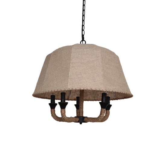 Vintage Domed Chandelier Light With 5 Fabric Suspension Lamps - Brown & Hemp Rope