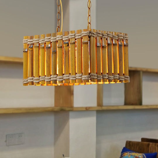 Yellow Bamboo Chandelier: Industrial 2-Bulb Ceiling Hang Fixture With Rope