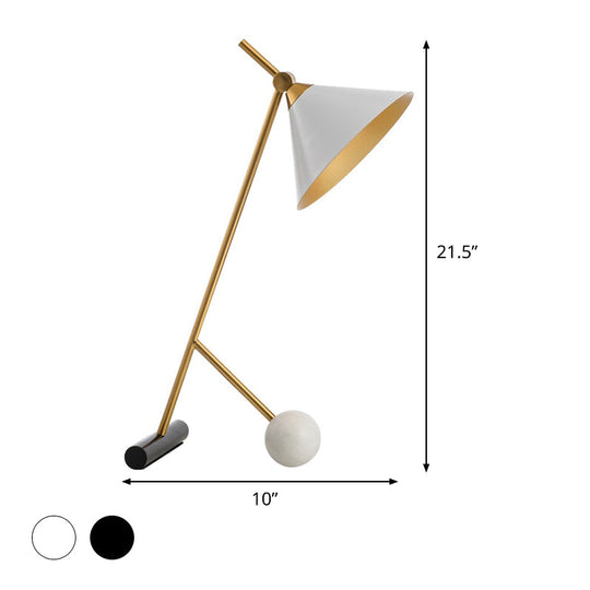 Vintage Metal Nightstand Lamp With Funnel Design White/Black And Marble Ball For Bedroom
