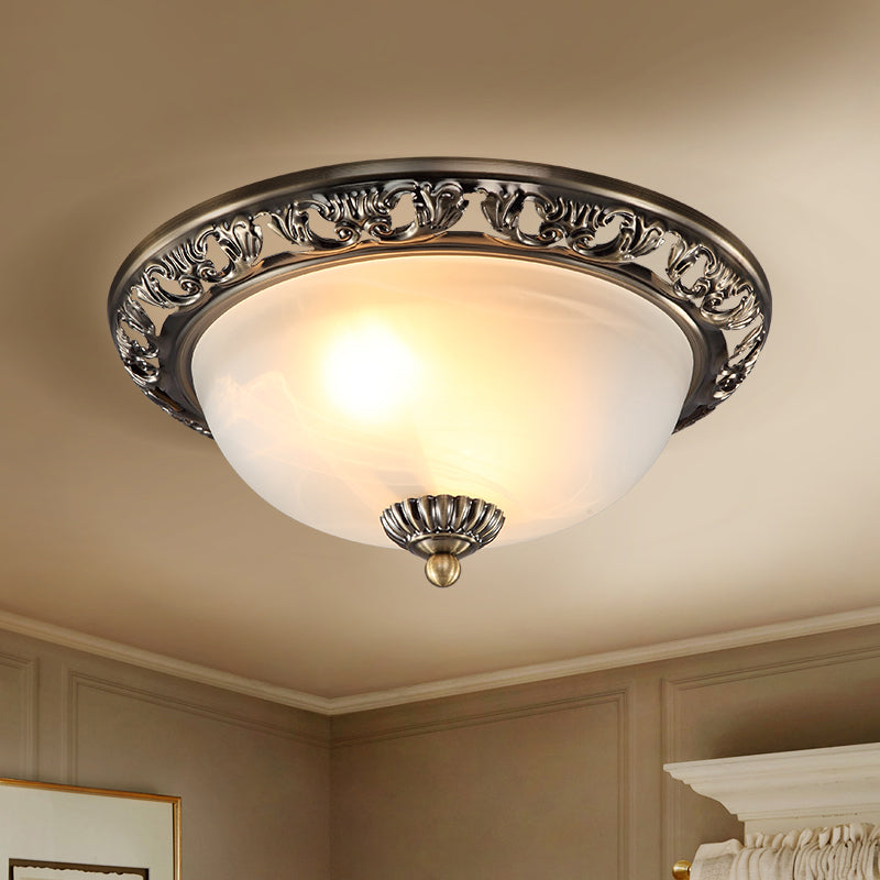 Opal Glass Flush Mount Ceiling Light In Bronze/Copper - Countryside 3 - Head Metal Fixture Wide