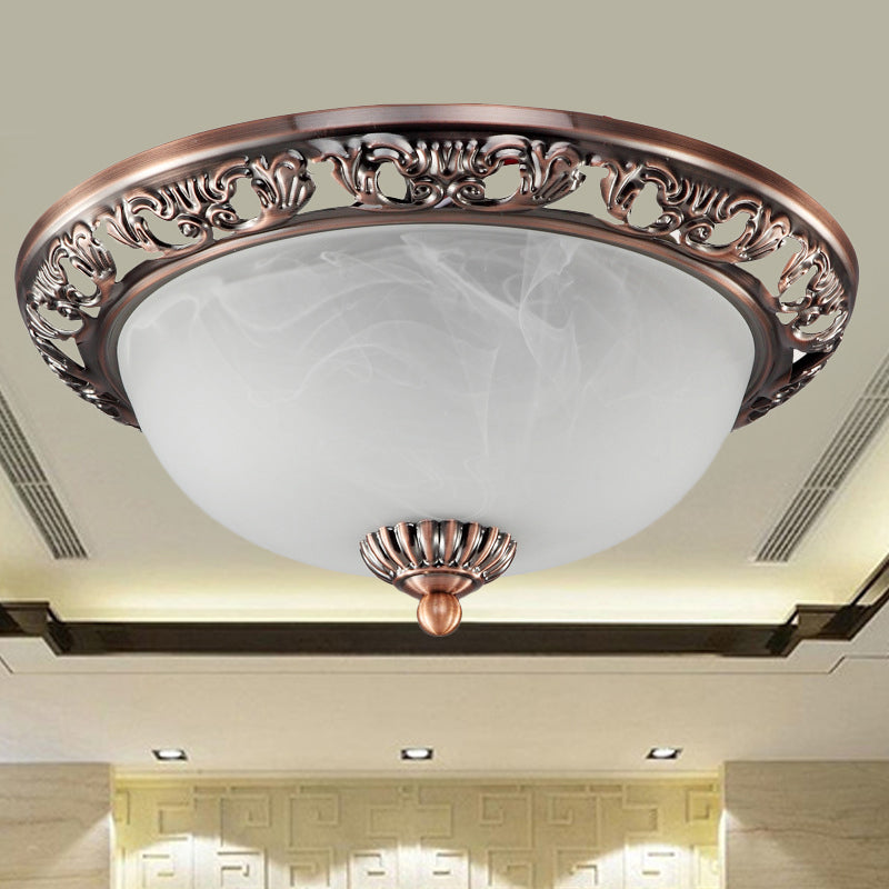 Opal Glass Flush Mount Ceiling Light In Bronze/Copper - Countryside 3 - Head Metal Fixture Wide