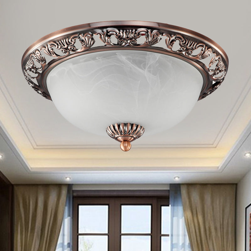 Opal Glass Flush Mount Ceiling Light In Bronze/Copper - Countryside 3 - Head Metal Fixture Wide