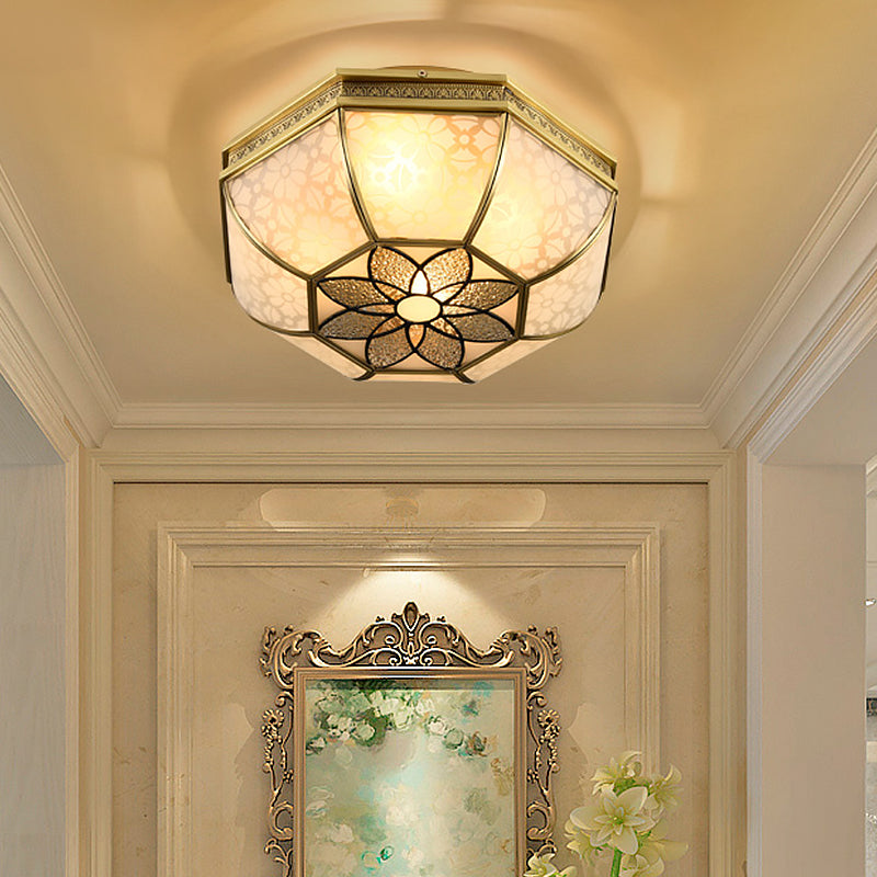 Frosted Glass Gold Flush Mount Ceiling Fixture With Flower Pattern - 4 - Light Colonial Metal Design