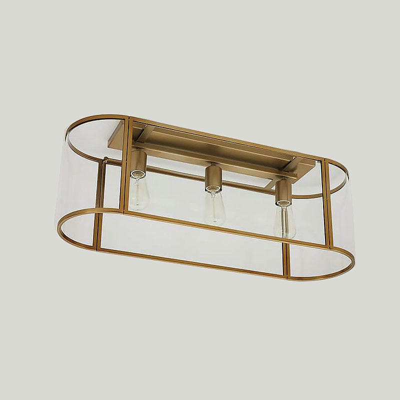 3 - Head Flush Mount Light: Metal Warehouse Corridor Lighting With Oval Clear Glass Shade In