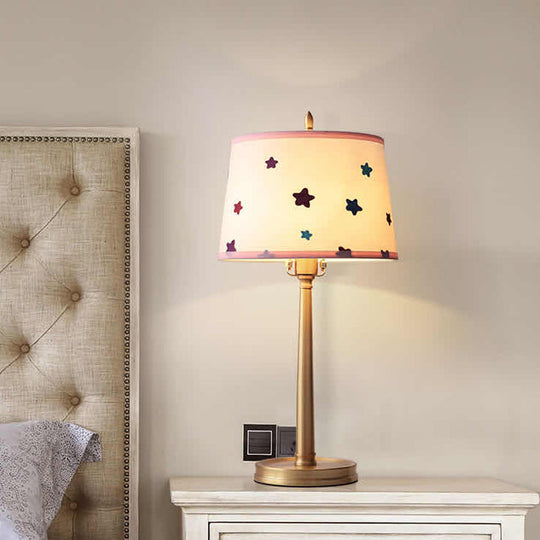 Monica - Modern Drum Fabric Table Lamp 1 Light Nightstand Lighting In Brass With Pentagram Pattern