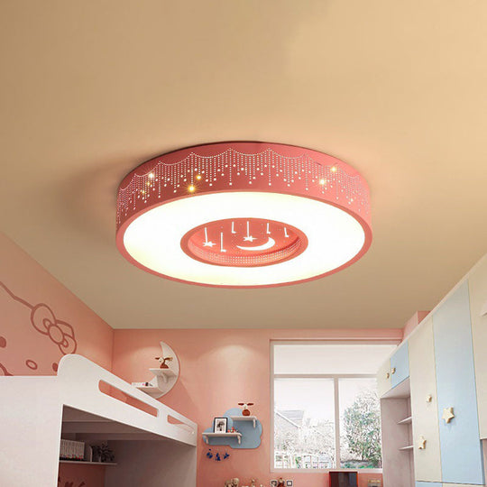 Kids Led Flush Mount Ceiling Light With Moon And Star Pattern In Pink/Blue 16’/19.5’ Width