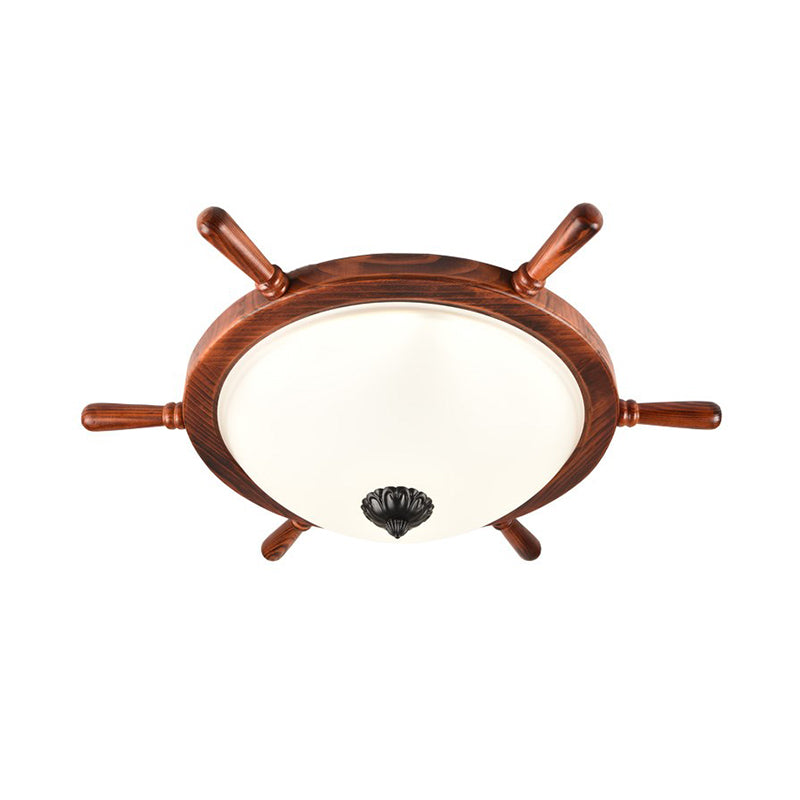 Rural Style Wood Frame 2-Light Flush Mount With Opal Glass Bowl Shade