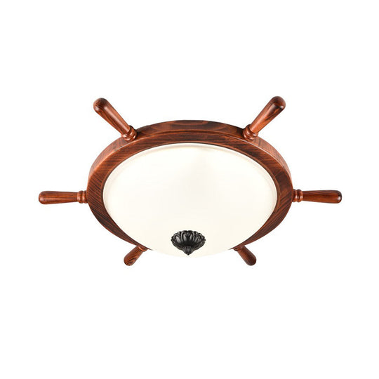 Rural Style Wood Frame 2-Light Flush Mount With Opal Glass Bowl Shade