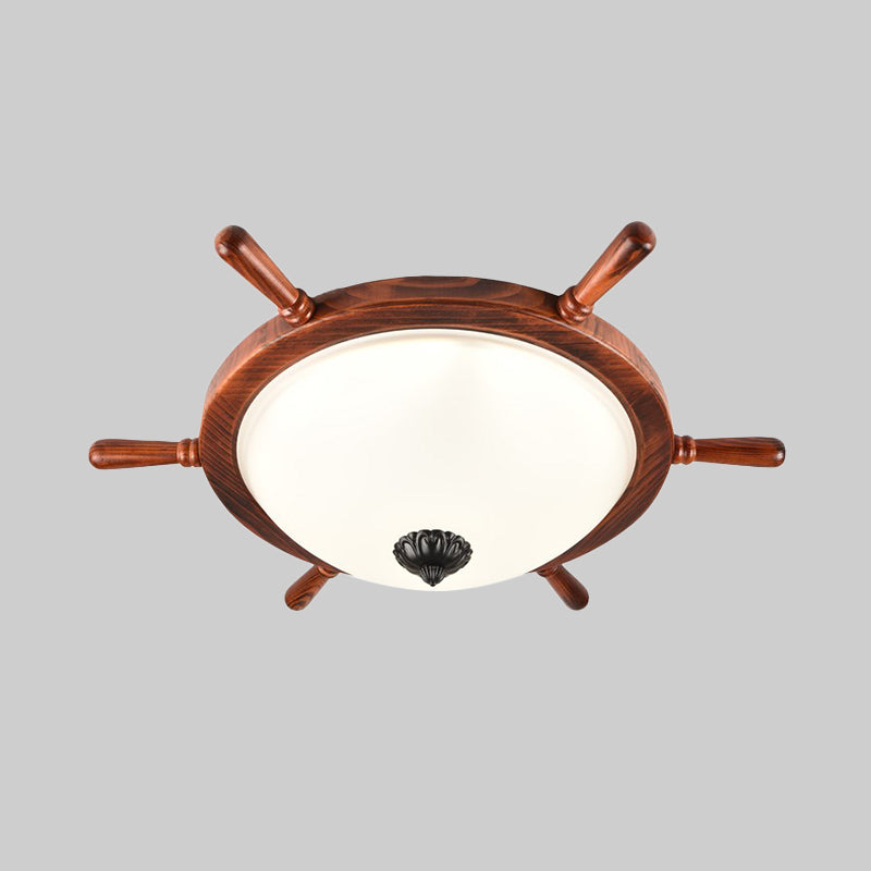 Rural Style Wood Frame 2 - Light Flush Mount With Opal Glass Bowl Shade