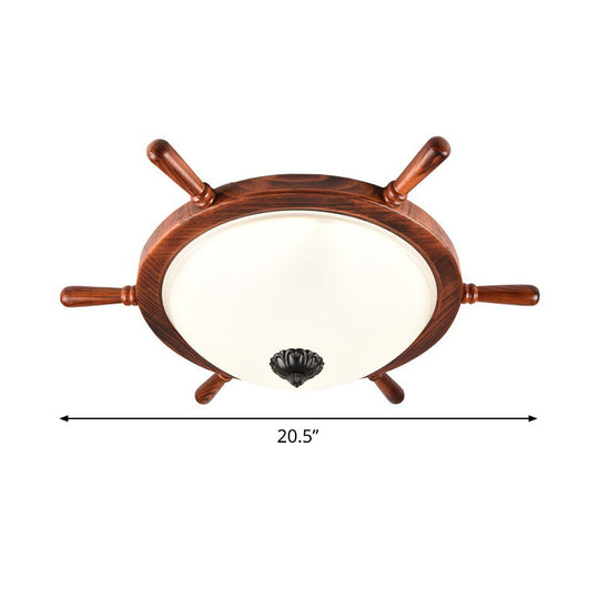 Rural Style Wood Frame 2 - Light Flush Mount With Opal Glass Bowl Shade