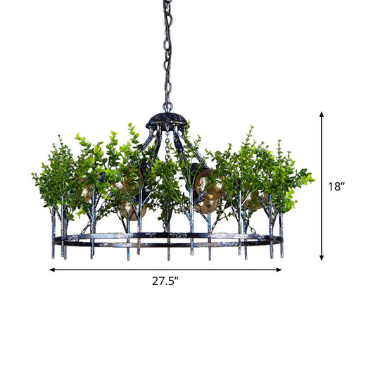 Industrial Style 6-Light Nickel Chandelier With Circular Iron Frame And Plant Design