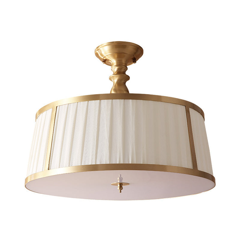 Gold Colonial Semi Flush Light With 4 Fabric - Covered Heads For Bedroom Ceilings