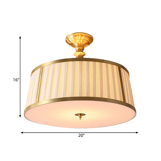 Gold Colonial Semi Flush Light With 4 Fabric-Covered Heads For Bedroom Ceilings