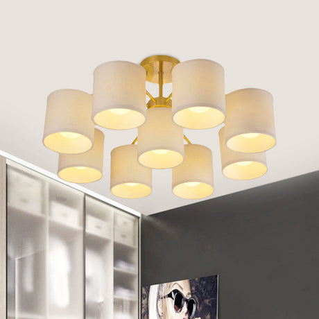 Colonial Fabric Cylinder Semi Mount Ceiling Light - Gold Finish 9 Lights Living Room Lighting