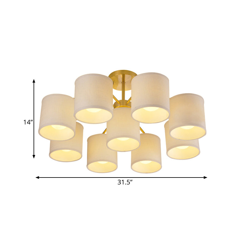 Colonial Fabric Cylinder Semi Mount Ceiling Light - Gold Finish 9 Lights Living Room Lighting