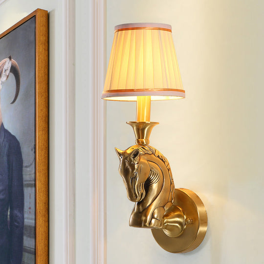Rustic Fabric Conical Wall Light: Gold Hallway Sconce With Horse Head Arm