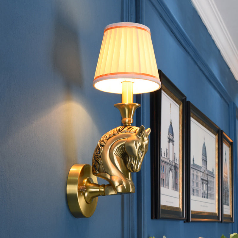 Rustic Fabric Conical Wall Light: Gold Hallway Sconce With Horse Head Arm