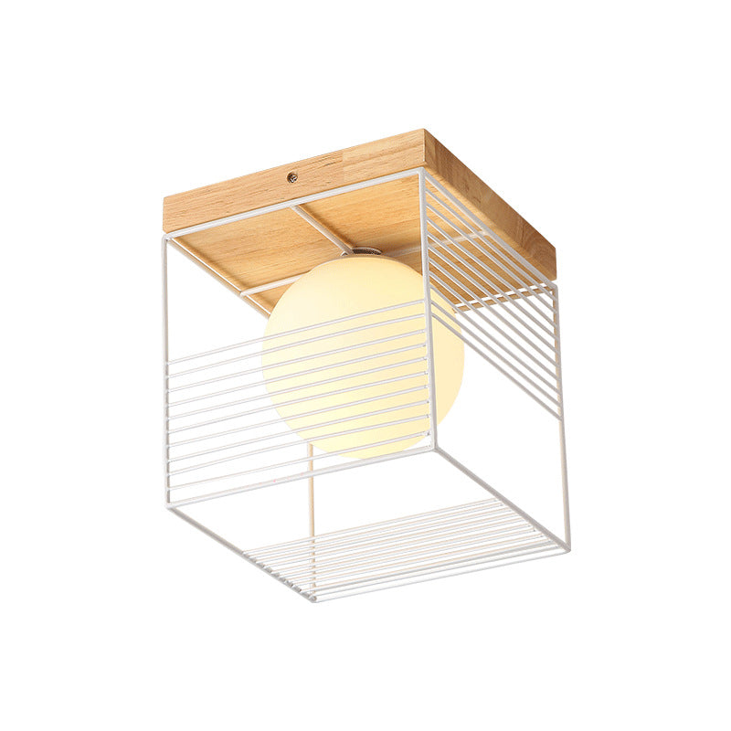 Minimalist Nordic Cage Ceiling Light With Glass Shade And Wood Canopy - Black/White Cubic Iron