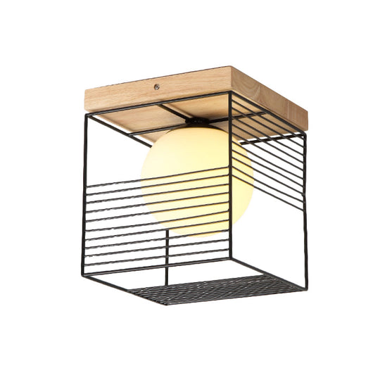 Minimalist Nordic Cage Ceiling Light With Glass Shade And Wood Canopy - Black/White Cubic Iron