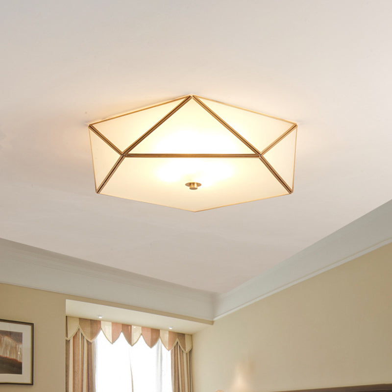 Gold Flush Mount Ceiling Light - Beveled Box Hotel Design Frosted White Glass Post-Modern Style