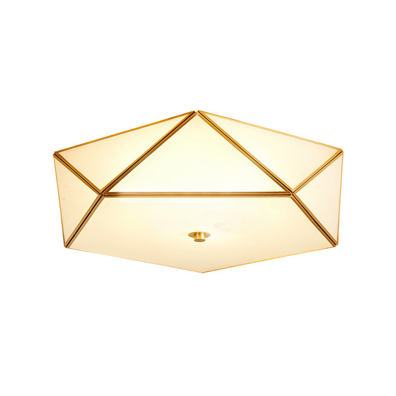 Gold Flush Mount Ceiling Light - Beveled Box Hotel Design Frosted White Glass Post - Modern Style