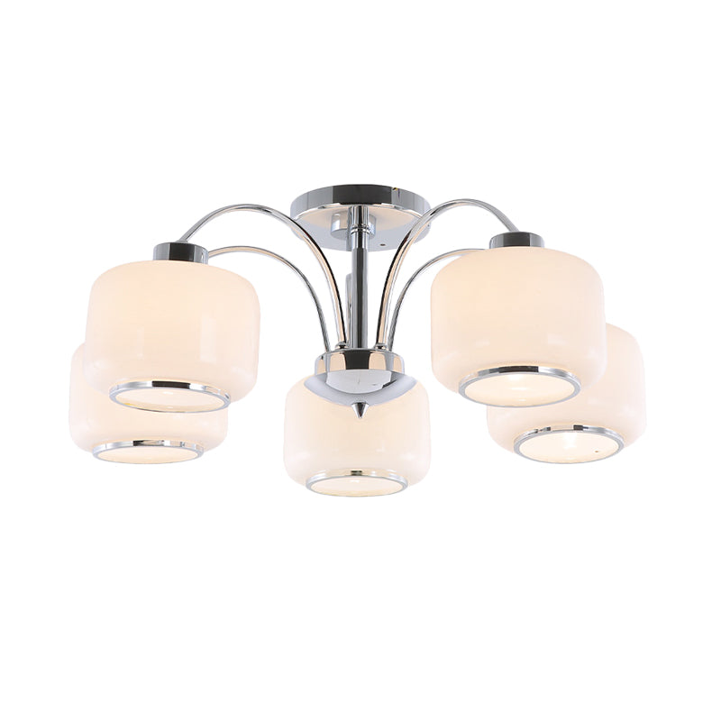 Modern Chrome Arched Semi Flush Light With 5 Metal Heads And Opal Glass Shade