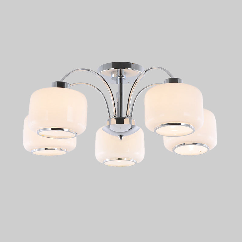Modern Chrome Arched Semi Flush Light With 5 Metal Heads And Opal Glass Shade