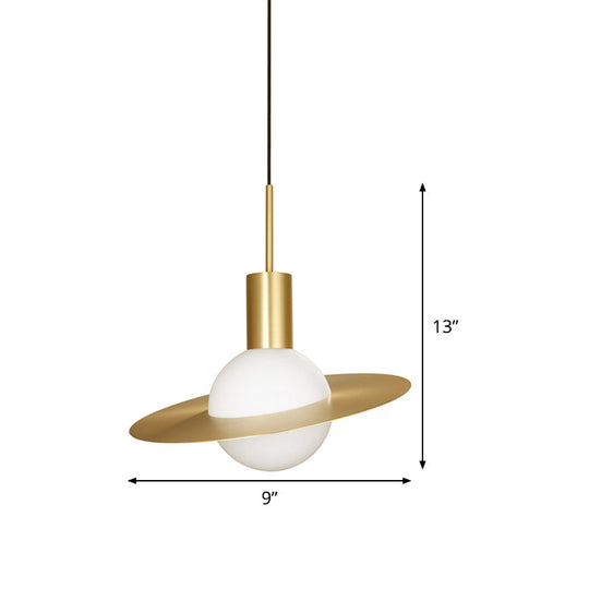 Gold Planetoid Hanging Light - Postmodern Opaline Glass Pendant For Table