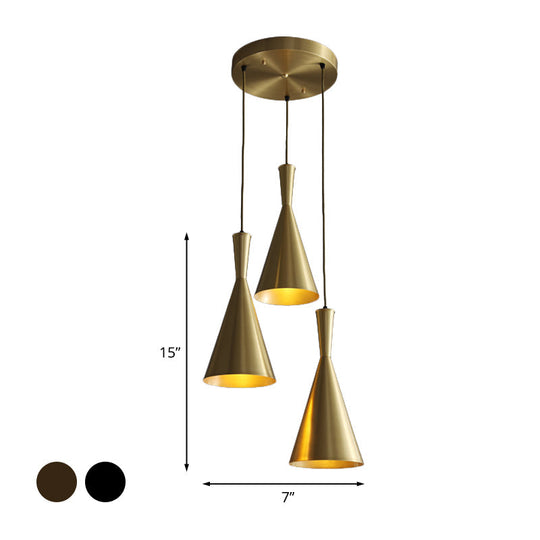 Cluster Horn Pendant Antiqued Metal Hanging Lamp With Black/Gold Finish - 3 Lights For Kitchen