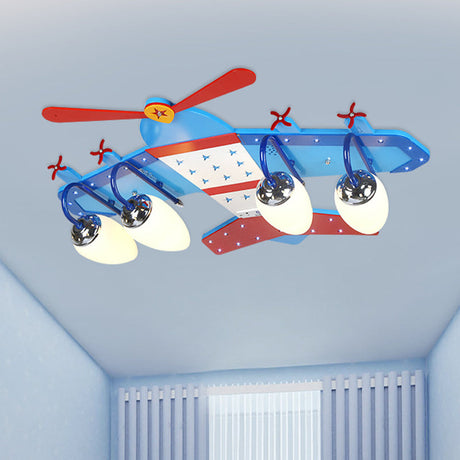Blue Plane Ivory Glass Flushmount Lighting For Boys Bedroom - 3/4 Heads Ceiling Fixture