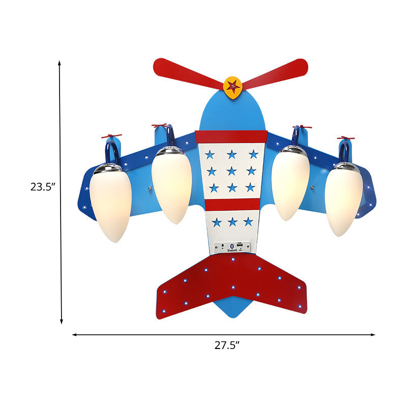 Blue Plane Ivory Glass Flushmount Lighting For Boys Bedroom - 3/4 Heads Ceiling Fixture