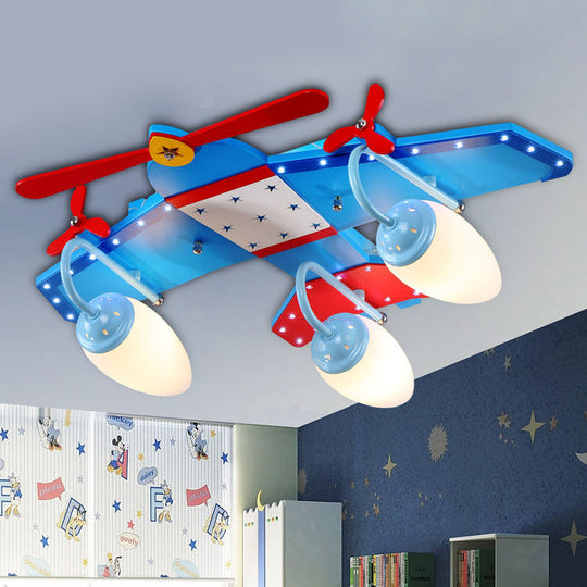 Blue Plane Ivory Glass Flushmount Lighting For Boys Bedroom - 3/4 Heads Ceiling Fixture