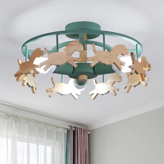 Round Semi - Flush Ceiling Light Macaroon 3 - Bulb Grey/White/Green - Wooden Horse Design