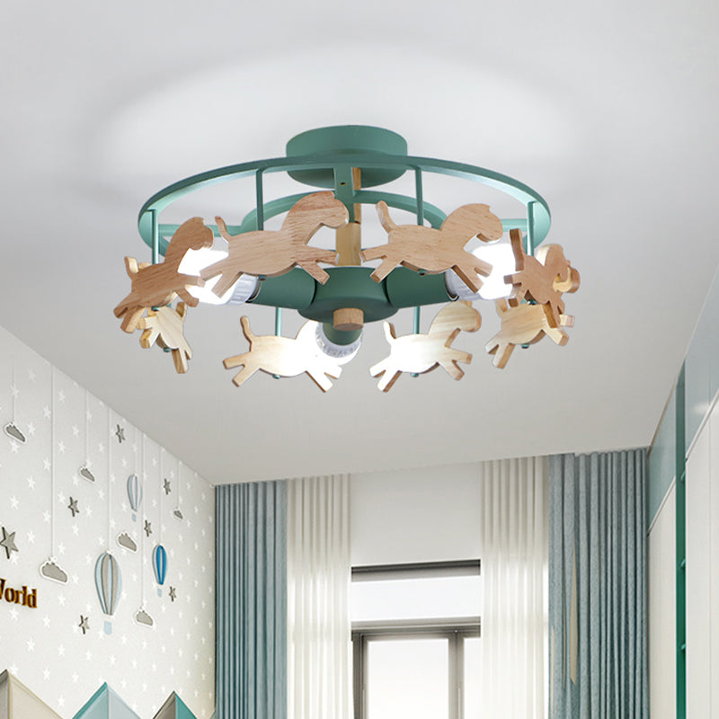 Round Semi - Flush Ceiling Light Macaroon 3 - Bulb Grey/White/Green - Wooden Horse Design