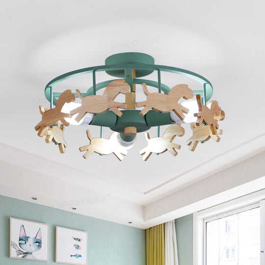 Round Semi - Flush Ceiling Light Macaroon 3 - Bulb Grey/White/Green - Wooden Horse Design Green