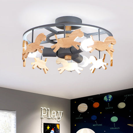 Round Semi-Flush Ceiling Light Macaroon 3-Bulb Grey/White/Green - Wooden Horse Design Grey