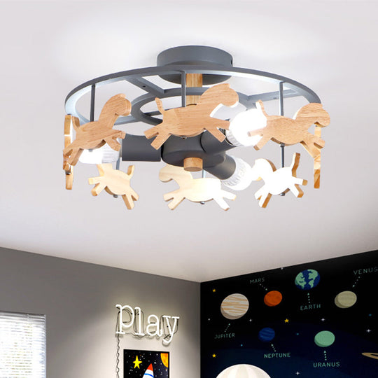 Round Semi-Flush Ceiling Light Macaroon 3-Bulb Grey/White/Green - Wooden Horse Design Grey
