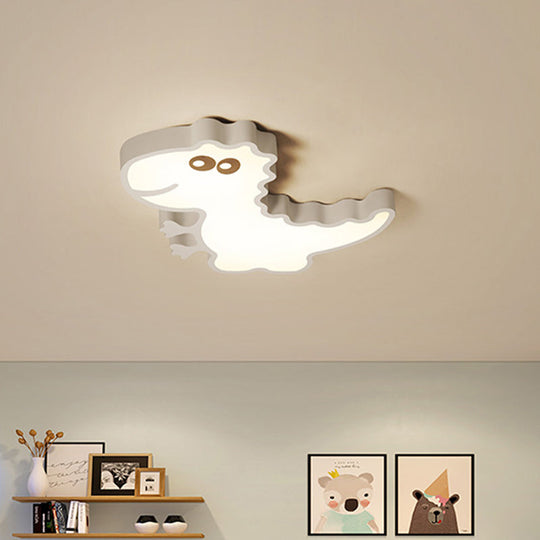 Dinosaur Flush Mount Light For Kids - Iron White/Pink/Green Led Ceiling Fixture Childrens Bedroom