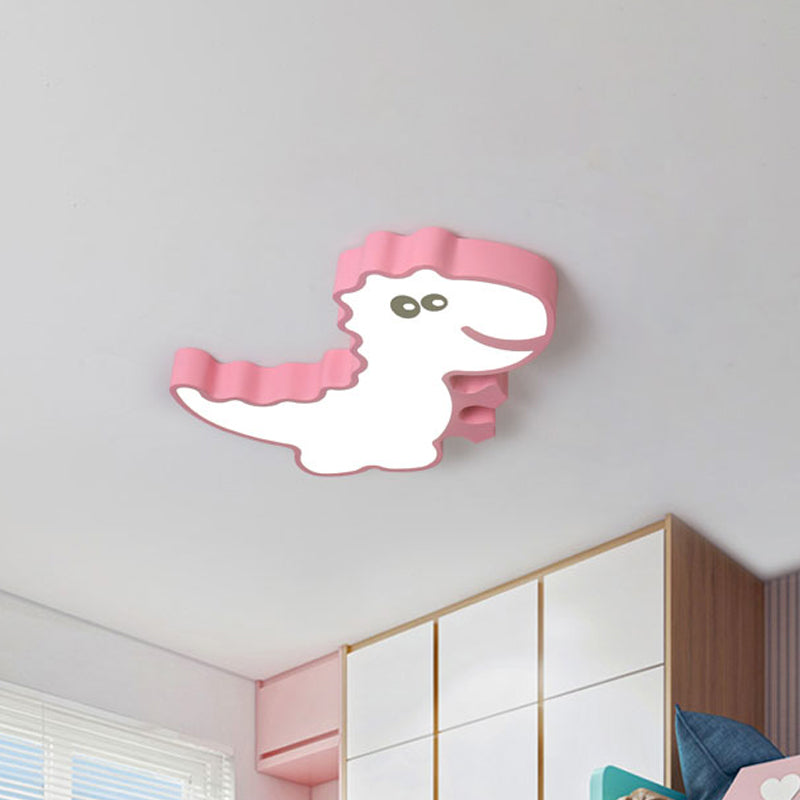 Dinosaur Flush Mount Light For Kids - Iron White/Pink/Green Led Ceiling Fixture Children’s Bedroom