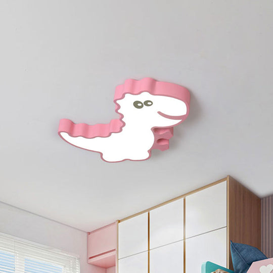 Dinosaur Flush Mount Light For Kids - Iron White/Pink/Green Led Ceiling Fixture Childrens Bedroom