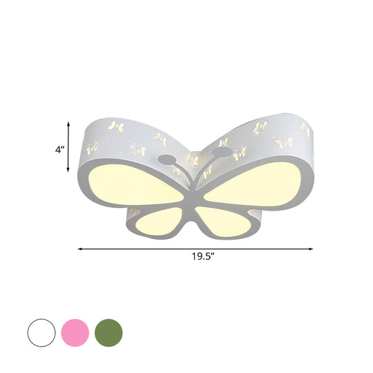 Kids Led Flushmount Ceiling Lamp - Metal Butterfly Flush Mount Lighting Fixture In Pink/White/Green