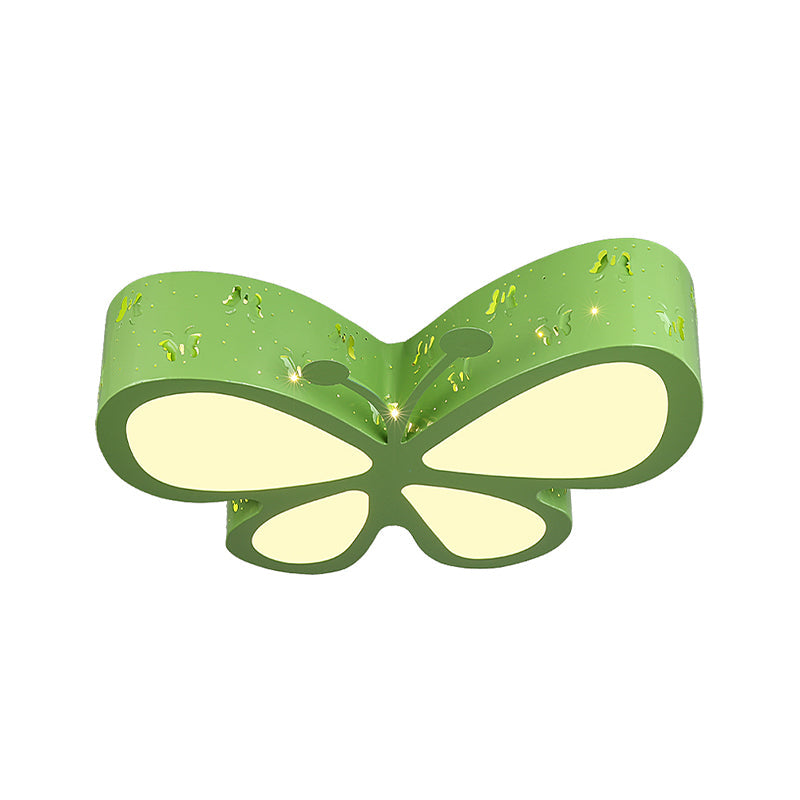 Kids Led Flushmount Ceiling Lamp - Metal Butterfly Flush Mount Lighting Fixture In Pink/White/Green