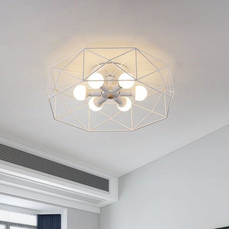 Nordic Iron Flush Mount Ceiling Light With Hexagon Cage | White| 3/6 Bare Bulb-Lit Fixtures