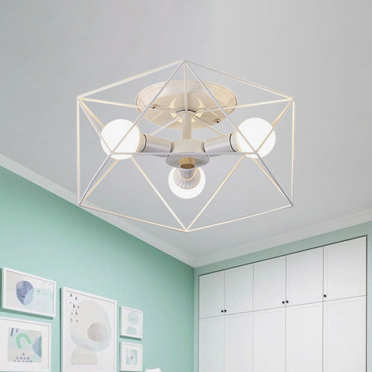 Nordic Iron Flush Mount Ceiling Light With Hexagon Cage | White| 3/6 Bare Bulb - Lit Fixtures
