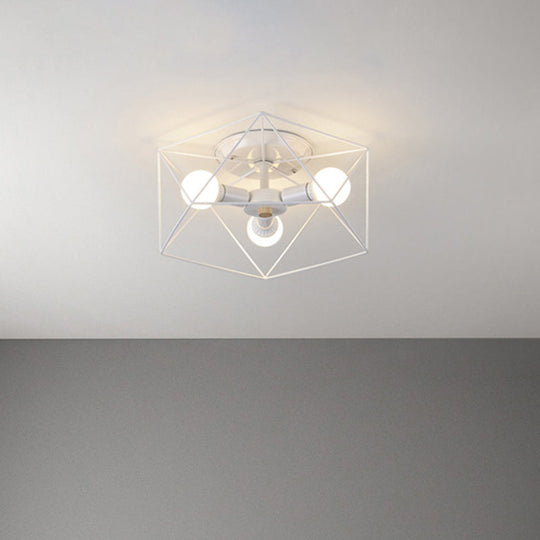 Nordic Iron Flush Mount Ceiling Light With Hexagon Cage | White| 3/6 Bare Bulb - Lit Fixtures