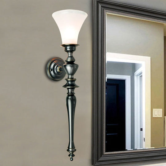 Retro Black Flared Wall Sconce: Cream Glass Linear Metal Arm - Perfect For Living Room