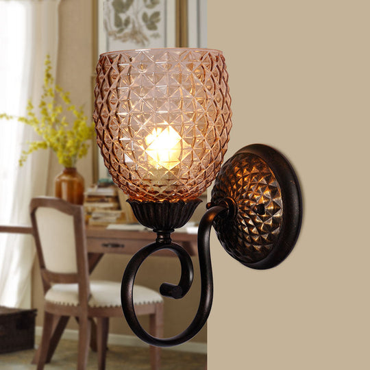 Black Ribbed Glass Tulip Wall Sconce - Traditional 1-Light Fixture For Living Room