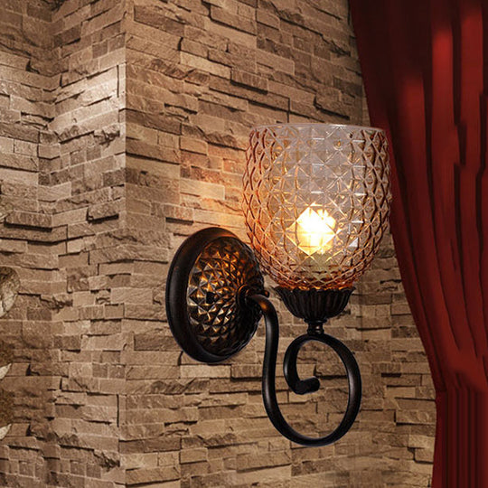 Black Ribbed Glass Tulip Wall Sconce - Traditional 1-Light Fixture For Living Room