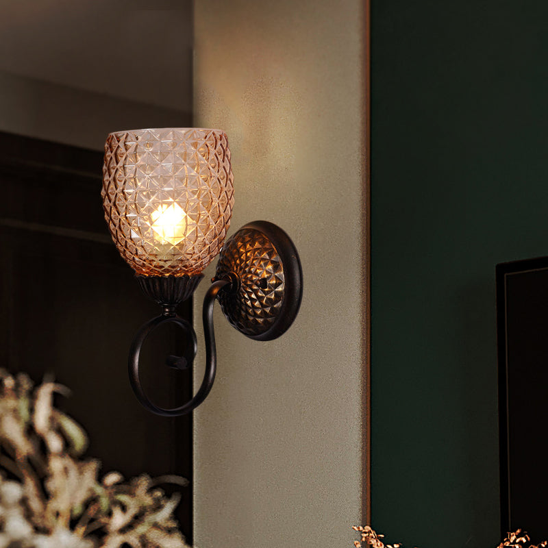 Black Ribbed Glass Tulip Wall Sconce - Traditional 1-Light Fixture For Living Room