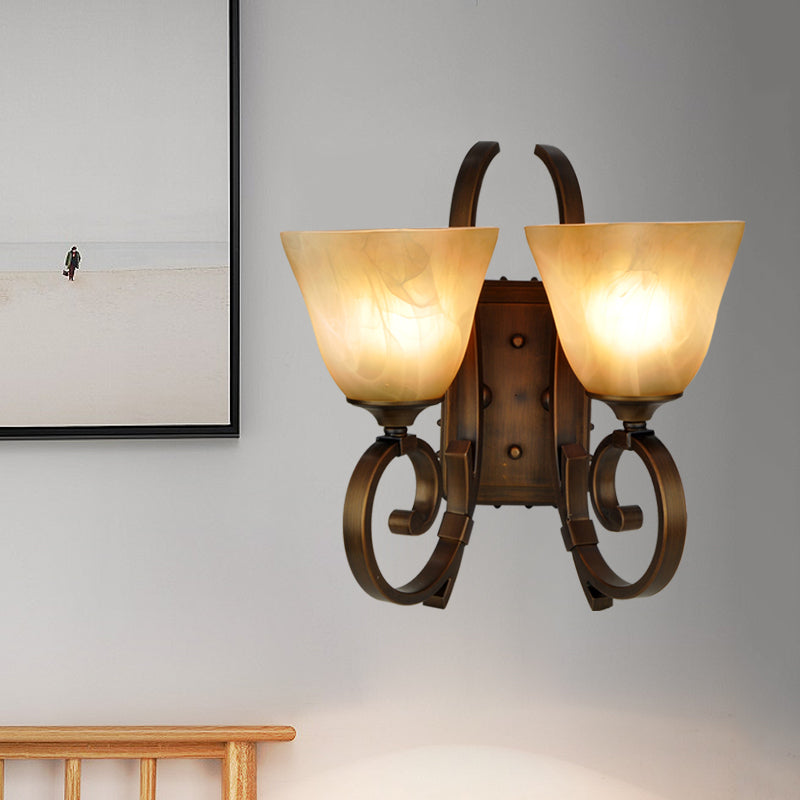 Bronze Scrolling Arm Wall Lamp With Frosted Glass - Traditional Bell Sconce Lighting Dual Bulb Mount